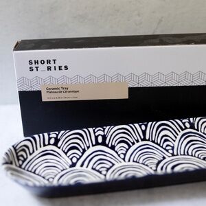 Short Stories new in box ceramic oval tray blue white geometric NIB 14" long